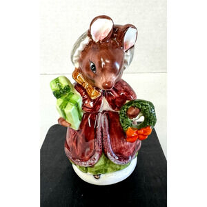 Schmid Vintage Porcelain Figurine Lady Mouse Dressed for Christmas Collectible